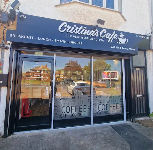 The Cristina's Cafe shopfront at 273 London Road, Romford — 'Life begins after coffee'